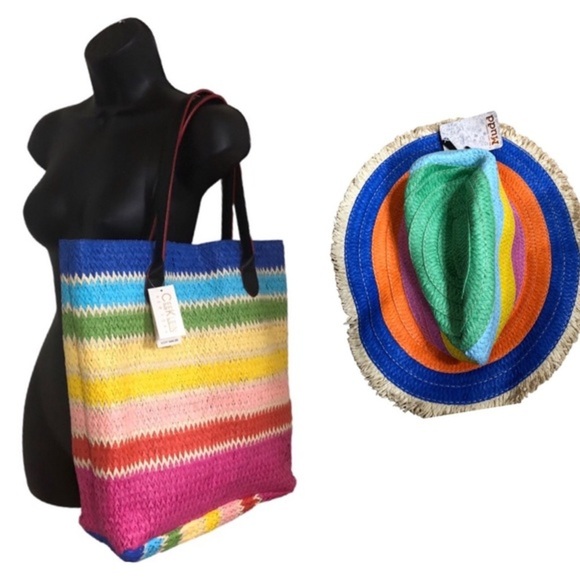 Cee Klein Rainbow stripe straw jute beach summer island bucket tote shoulder bag - Picture 12 of 16